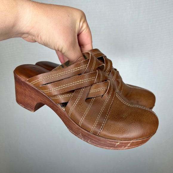 b.o.c. Born Concept Shoes - b.o.c. Born Concept Brown Faux Leather Interwoven Clog Mules Wood Block Heel